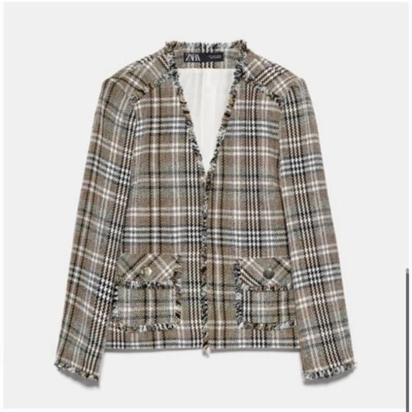 Zara Frayed Checked Plaid Blazer Size Small - Picture 5 of 6
